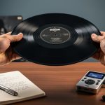 Hands holding a vinyl record above a wooden desk with an open notebook and audio listening device, photographed in a shallow depth of field studio setting.