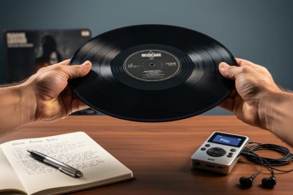 Hands holding a vinyl record above a wooden desk with an open notebook and audio listening device, photographed in a shallow depth of field studio setting.