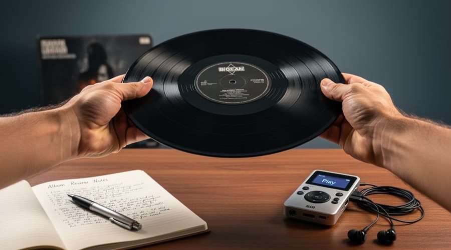 Hands holding a vinyl record above a wooden desk with an open notebook and audio listening device, photographed in a shallow depth of field studio setting.