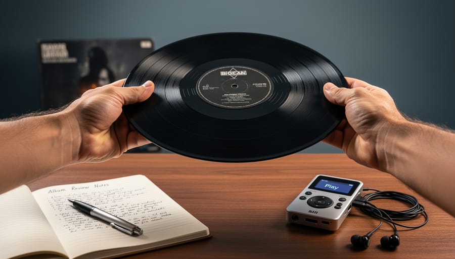 Hands holding a vinyl record above a wooden desk with an open notebook and audio listening device, photographed in a shallow depth of field studio setting.