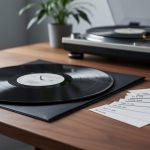 A vinyl record and album sleeve on a wooden desk with eight blank cards arranged beside them, photographed in soft natural light.