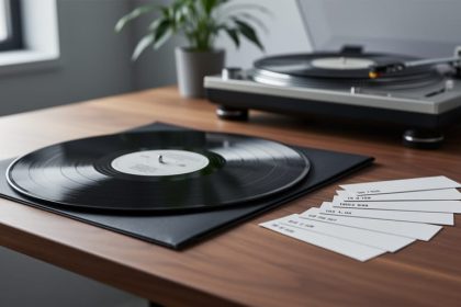 A vinyl record and album sleeve on a wooden desk with eight blank cards arranged beside them, photographed in soft natural light.