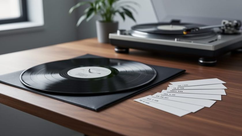 A vinyl record and album sleeve on a wooden desk with eight blank cards arranged beside them, photographed in soft natural light.