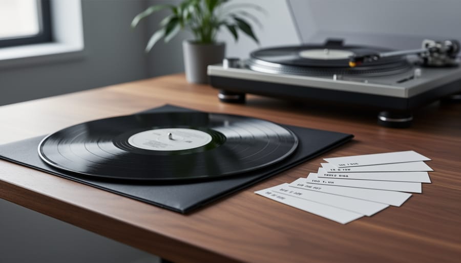 A vinyl record and album sleeve on a wooden desk with eight blank cards arranged beside them, photographed in soft natural light.