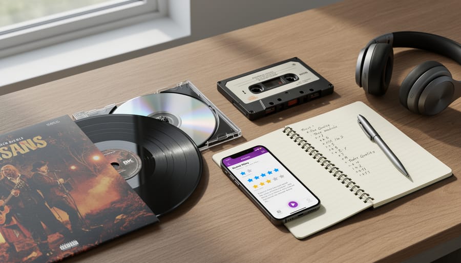 Hand turning a vinyl record on a coffee table with assorted album sleeves around it.