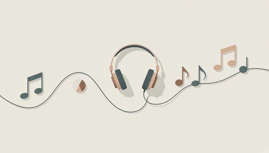 Open notebook next to over-ear headphones on a desk, with music-listening elements softly blurred in the background.