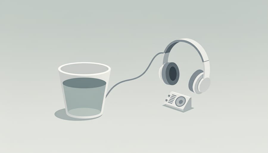 Over-ear headphones and an underfilled cup of coffee beside an open notebook on a desk