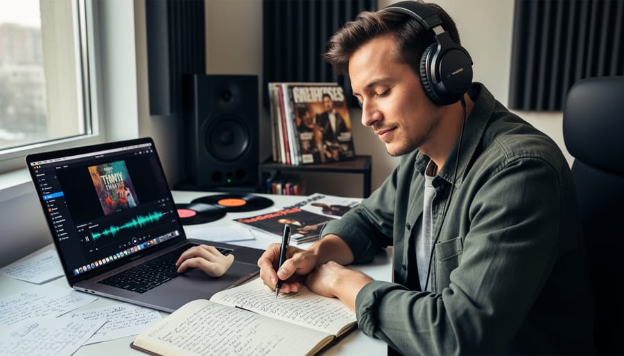 Person reviewing music while listening to a vinyl record and writing notes in a notebook.