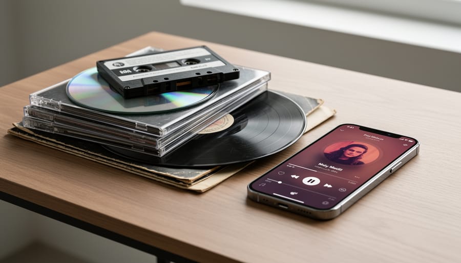 Vinyl record and smartphone placed on a wooden desk with small music sleeves nearby
